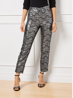 Talbots Jacquard Tailored Ankle Pants Black Silver Womens 4P Metallic Holiday